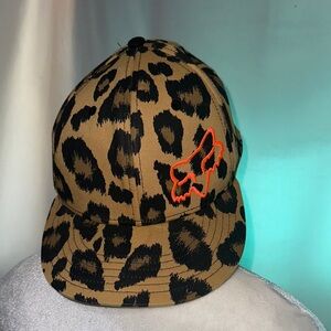 Leopard Print Fox Racing Snapback Cap with orange embroidered logo